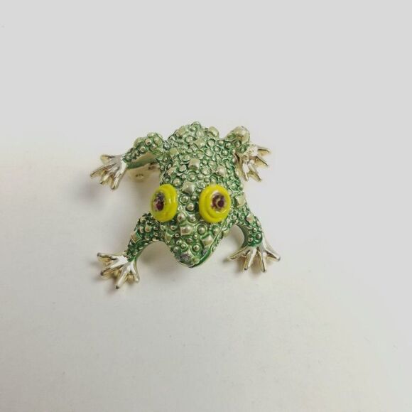 Vintage Little Green Frog Brooch, Red Rhinestone Eyes, Bumpy Texture, Estate - Picture 2 of 6